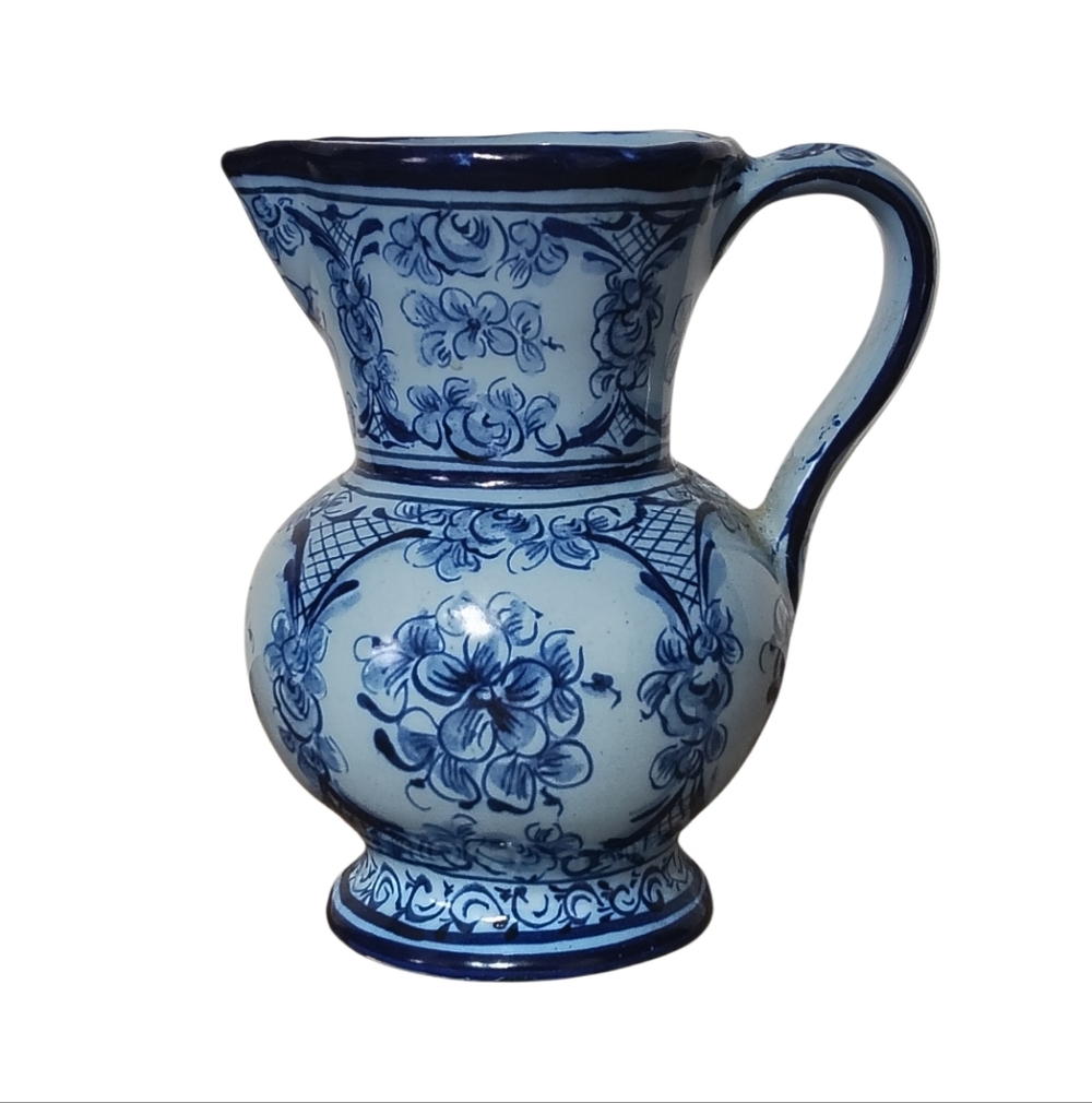 Vintage Hand-Painted Portuguese Ceramic Blue & White Floral Pitcher Jug Vase